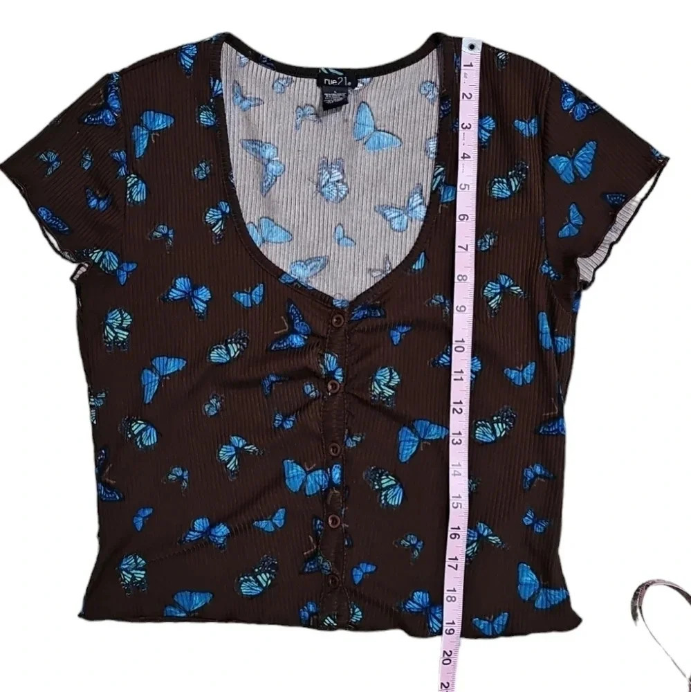 Rue 21 Womens L Blouse Brown Ribbed Butterfly Crop Top Iconic Essential Y2K - Picture 6 of 6